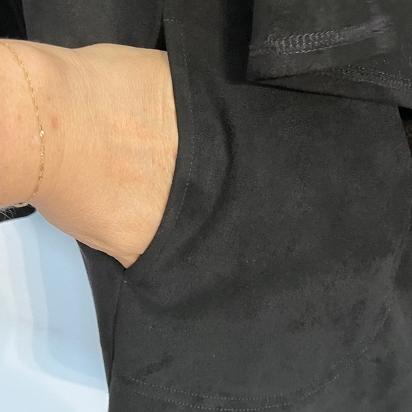 Logo Neutral Faux Suede Cardigan L Black Minimalist Classic Workwear Festive 80s - Picture 9 of 12